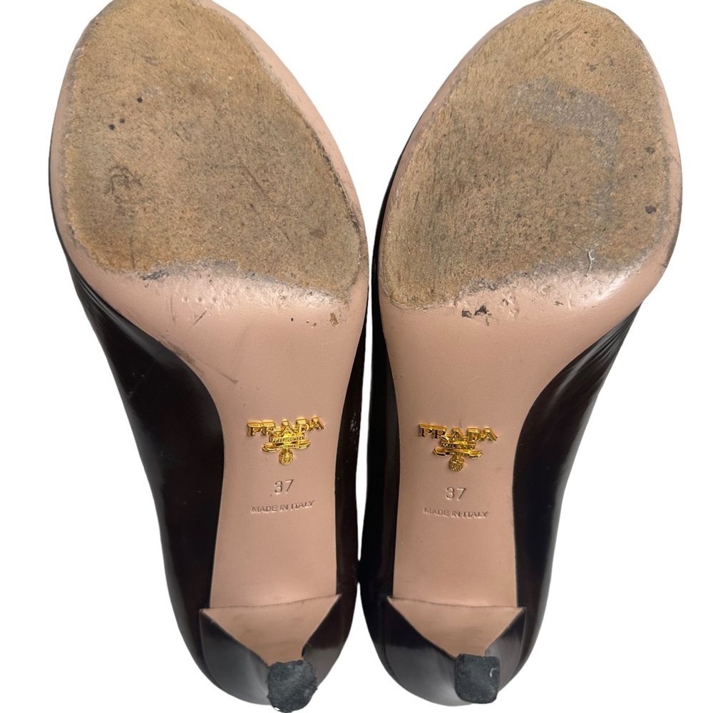 Prada Spazzolato Fume Brown Platform Pumps Peep Toe Rare Sz US 37 EUC $550 - Picture 8 of 16